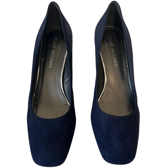 Stuart Weitzman Marymid Navy Blue Suede Block Heel Square Toe Pumps Size 12 - Picture 3 of 9